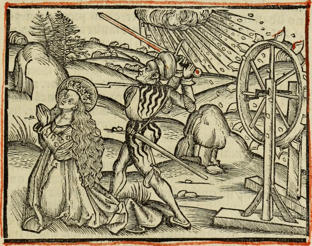 An illustration from Hec est noua queda[m] singular[is] at[que] rara legenda ed alijs sex lege[n]dis collecta et perfecta tractans de origine, et vite, ordine, de conuersione, ac magistrali disputatione, ast de passione, morte, [&] miraculis generose regine, necnon gloriose virginis et martiris sancte Katherine, ciuis quo[que] olim erat vrbis Alexandrine, 1500, leaf 90
