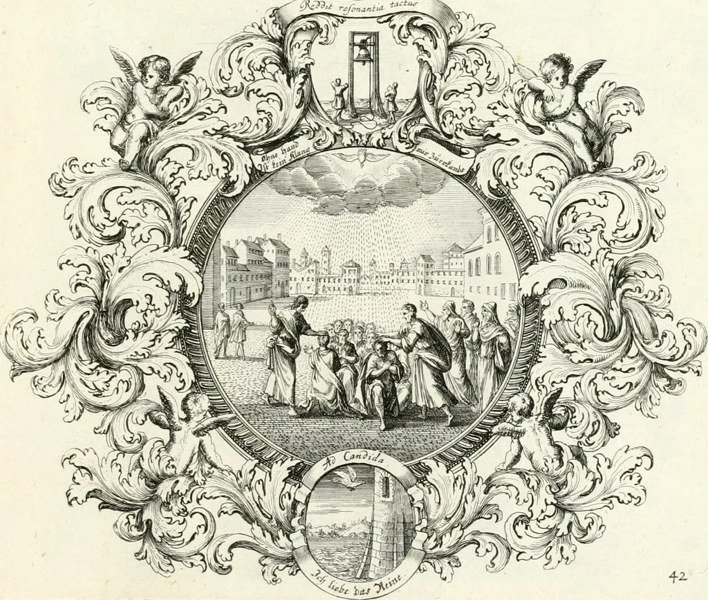 An illustration from Heilige Augen- und Gemüths-Lust : vorstellend, alle sonn- fest- und feyrtägliche nicht nur Evangelien, sondern auch Epistelen und Lectionen, jene historisch : diese auch emblemmatisch, und mit curieusen Einfassungen : in vielen Kupffer-Stücken von frembder und gantz neuer Invention : so wohl zur Kunst-Ubung als Unterhaltung Gottseeliger Betrachtungen, wie auch Vermehrung der Kupffer-Bibelen und Ausszierung aller christlichen Postillen dienlich, 1706, leaf 100