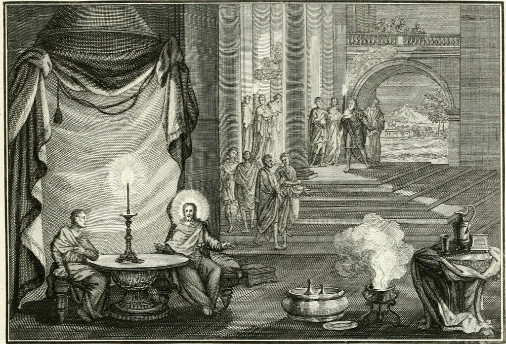 An illustration from Heilige Augen- und Gemüths-Lust : vorstellend, alle sonn- fest- und feyrtägliche nicht nur Evangelien, sondern auch Epistelen und Lectionen, jene historisch : diese auch emblemmatisch, und mit curieusen Einfassungen : in vielen Kupffer-Stücken von frembder und gantz neuer Invention : so wohl zur Kunst-Ubung als Unterhaltung Gottseeliger Betrachtungen, wie auch Vermehrung der Kupffer-Bibelen und Ausszierung aller christlichen Postillen dienlich, 1706, leaf 102