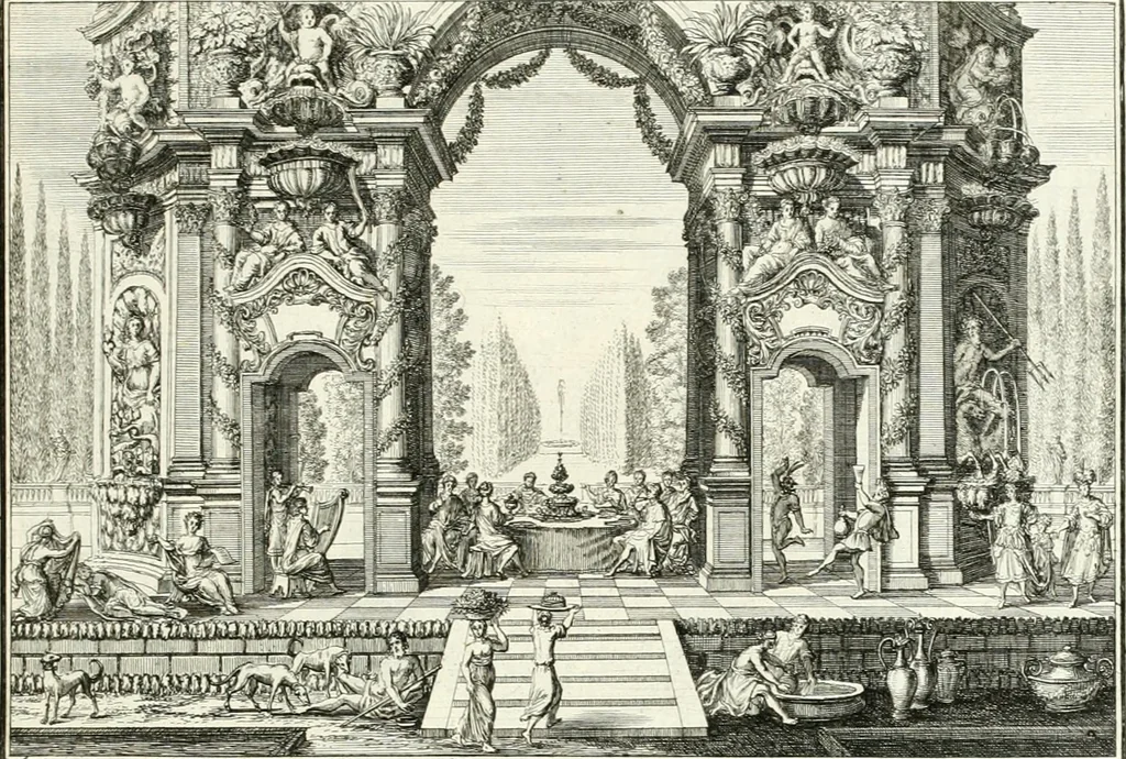 An illustration from Heilige Augen- und Gemüths-Lust : vorstellend, alle sonn- fest- und feyrtägliche nicht nur Evangelien, sondern auch Epistelen und Lectionen, jene historisch : diese auch emblemmatisch, und mit curieusen Einfassungen : in vielen Kupffer-Stücken von frembder und gantz neuer Invention : so wohl zur Kunst-Ubung als Unterhaltung Gottseeliger Betrachtungen, wie auch Vermehrung der Kupffer-Bibelen und Ausszierung aller christlichen Postillen dienlich, 1706, leaf 104