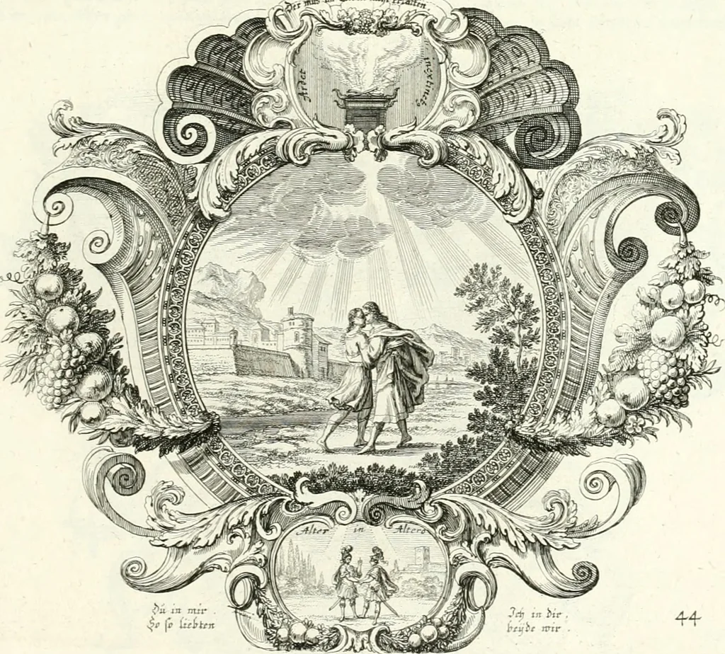 An illustration from Heilige Augen- und Gemüths-Lust : vorstellend, alle sonn- fest- und feyrtägliche nicht nur Evangelien, sondern auch Epistelen und Lectionen, jene historisch : diese auch emblemmatisch, und mit curieusen Einfassungen : in vielen Kupffer-Stücken von frembder und gantz neuer Invention : so wohl zur Kunst-Ubung als Unterhaltung Gottseeliger Betrachtungen, wie auch Vermehrung der Kupffer-Bibelen und Ausszierung aller christlichen Postillen dienlich, 1706, leaf 104
