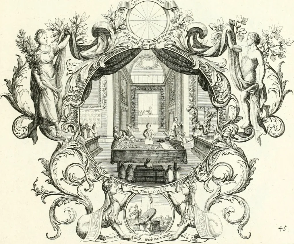 An illustration from Heilige Augen- und Gemüths-Lust : vorstellend, alle sonn- fest- und feyrtägliche nicht nur Evangelien, sondern auch Epistelen und Lectionen, jene historisch : diese auch emblemmatisch, und mit curieusen Einfassungen : in vielen Kupffer-Stücken von frembder und gantz neuer Invention : so wohl zur Kunst-Ubung als Unterhaltung Gottseeliger Betrachtungen, wie auch Vermehrung der Kupffer-Bibelen und Ausszierung aller christlichen Postillen dienlich, 1706, leaf 106