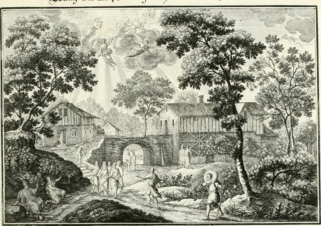 An illustration from Heilige Augen- und Gemüths-Lust : vorstellend, alle sonn- fest- und feyrtägliche nicht nur Evangelien, sondern auch Epistelen und Lectionen, jene historisch : diese auch emblemmatisch, und mit curieusen Einfassungen : in vielen Kupffer-Stücken von frembder und gantz neuer Invention : so wohl zur Kunst-Ubung als Unterhaltung Gottseeliger Betrachtungen, wie auch Vermehrung der Kupffer-Bibelen und Ausszierung aller christlichen Postillen dienlich, 1706, leaf 108