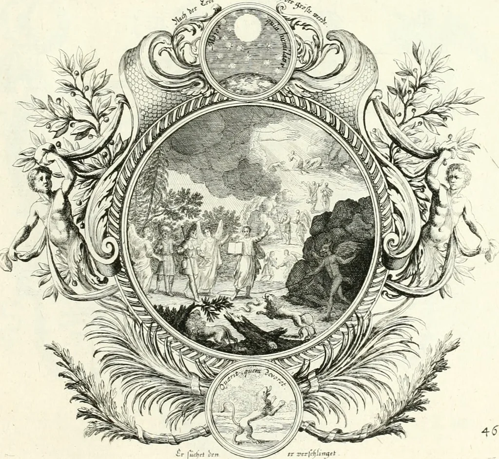 An illustration from Heilige Augen- und Gemüths-Lust : vorstellend, alle sonn- fest- und feyrtägliche nicht nur Evangelien, sondern auch Epistelen und Lectionen, jene historisch : diese auch emblemmatisch, und mit curieusen Einfassungen : in vielen Kupffer-Stücken von frembder und gantz neuer Invention : so wohl zur Kunst-Ubung als Unterhaltung Gottseeliger Betrachtungen, wie auch Vermehrung der Kupffer-Bibelen und Ausszierung aller christlichen Postillen dienlich, 1706, leaf 108