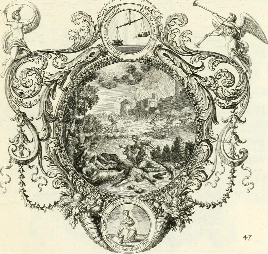 An illustration from Heilige Augen- und Gemüths-Lust : vorstellend, alle sonn- fest- und feyrtägliche nicht nur Evangelien, sondern auch Epistelen und Lectionen, jene historisch : diese auch emblemmatisch, und mit curieusen Einfassungen : in vielen Kupffer-Stücken von frembder und gantz neuer Invention : so wohl zur Kunst-Ubung als Unterhaltung Gottseeliger Betrachtungen, wie auch Vermehrung der Kupffer-Bibelen und Ausszierung aller christlichen Postillen dienlich, 1706, leaf 110