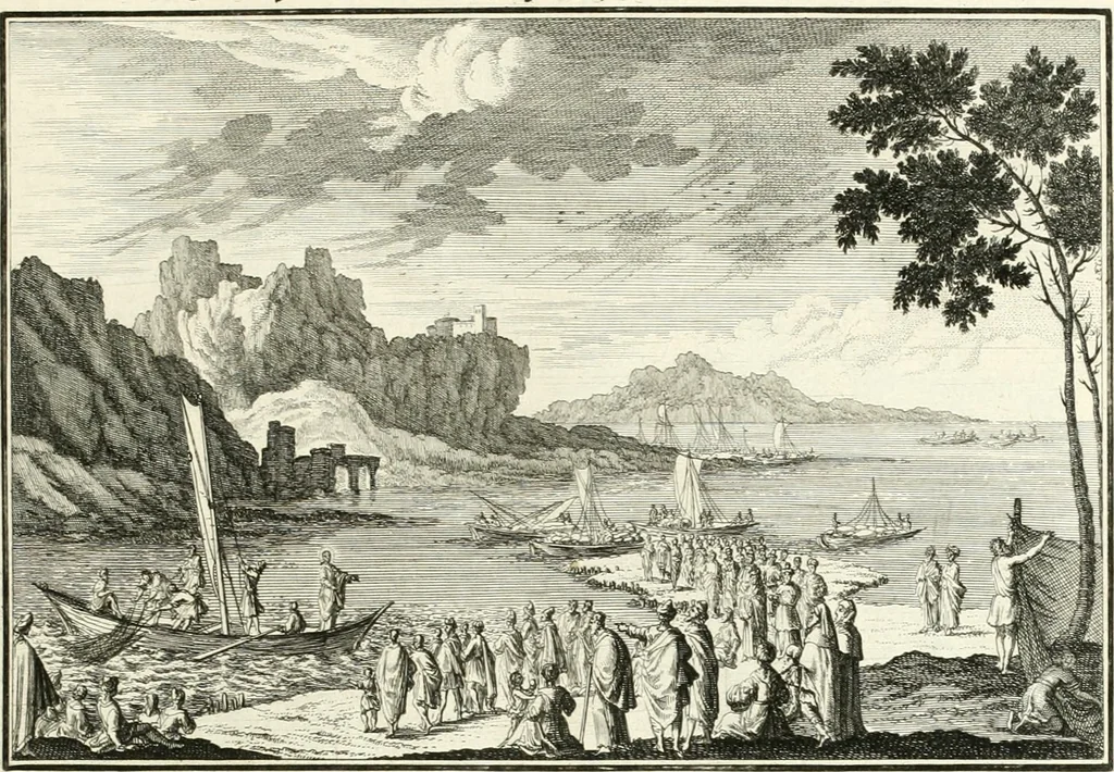 An illustration from Heilige Augen- und Gemüths-Lust : vorstellend, alle sonn- fest- und feyrtägliche nicht nur Evangelien, sondern auch Epistelen und Lectionen, jene historisch : diese auch emblemmatisch, und mit curieusen Einfassungen : in vielen Kupffer-Stücken von frembder und gantz neuer Invention : so wohl zur Kunst-Ubung als Unterhaltung Gottseeliger Betrachtungen, wie auch Vermehrung der Kupffer-Bibelen und Ausszierung aller christlichen Postillen dienlich, 1706, leaf 112
