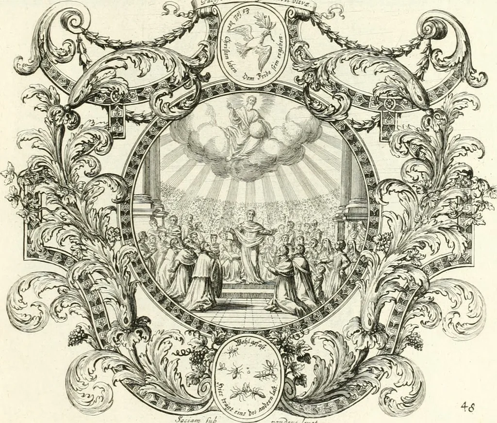 An illustration from Heilige Augen- und Gemüths-Lust : vorstellend, alle sonn- fest- und feyrtägliche nicht nur Evangelien, sondern auch Epistelen und Lectionen, jene historisch : diese auch emblemmatisch, und mit curieusen Einfassungen : in vielen Kupffer-Stücken von frembder und gantz neuer Invention : so wohl zur Kunst-Ubung als Unterhaltung Gottseeliger Betrachtungen, wie auch Vermehrung der Kupffer-Bibelen und Ausszierung aller christlichen Postillen dienlich, 1706, leaf 112