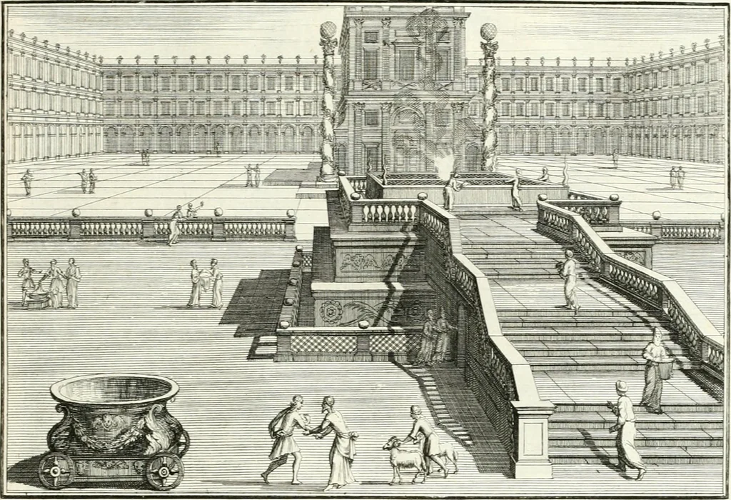 An illustration from Heilige Augen- und Gemüths-Lust : vorstellend, alle sonn- fest- und feyrtägliche nicht nur Evangelien, sondern auch Epistelen und Lectionen, jene historisch : diese auch emblemmatisch, und mit curieusen Einfassungen : in vielen Kupffer-Stücken von frembder und gantz neuer Invention : so wohl zur Kunst-Ubung als Unterhaltung Gottseeliger Betrachtungen, wie auch Vermehrung der Kupffer-Bibelen und Ausszierung aller christlichen Postillen dienlich, 1706, leaf 114