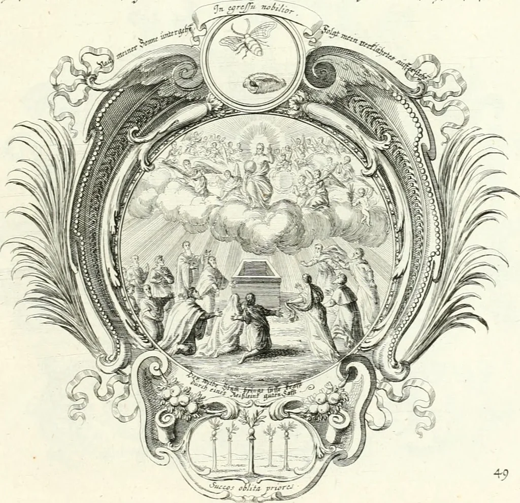 An illustration from Heilige Augen- und Gemüths-Lust : vorstellend, alle sonn- fest- und feyrtägliche nicht nur Evangelien, sondern auch Epistelen und Lectionen, jene historisch : diese auch emblemmatisch, und mit curieusen Einfassungen : in vielen Kupffer-Stücken von frembder und gantz neuer Invention : so wohl zur Kunst-Ubung als Unterhaltung Gottseeliger Betrachtungen, wie auch Vermehrung der Kupffer-Bibelen und Ausszierung aller christlichen Postillen dienlich, 1706, leaf 114