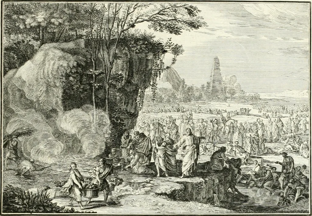 An illustration from Heilige Augen- und Gemüths-Lust : vorstellend, alle sonn- fest- und feyrtägliche nicht nur Evangelien, sondern auch Epistelen und Lectionen, jene historisch : diese auch emblemmatisch, und mit curieusen Einfassungen : in vielen Kupffer-Stücken von frembder und gantz neuer Invention : so wohl zur Kunst-Ubung als Unterhaltung Gottseeliger Betrachtungen, wie auch Vermehrung der Kupffer-Bibelen und Ausszierung aller christlichen Postillen dienlich, 1706, leaf 116