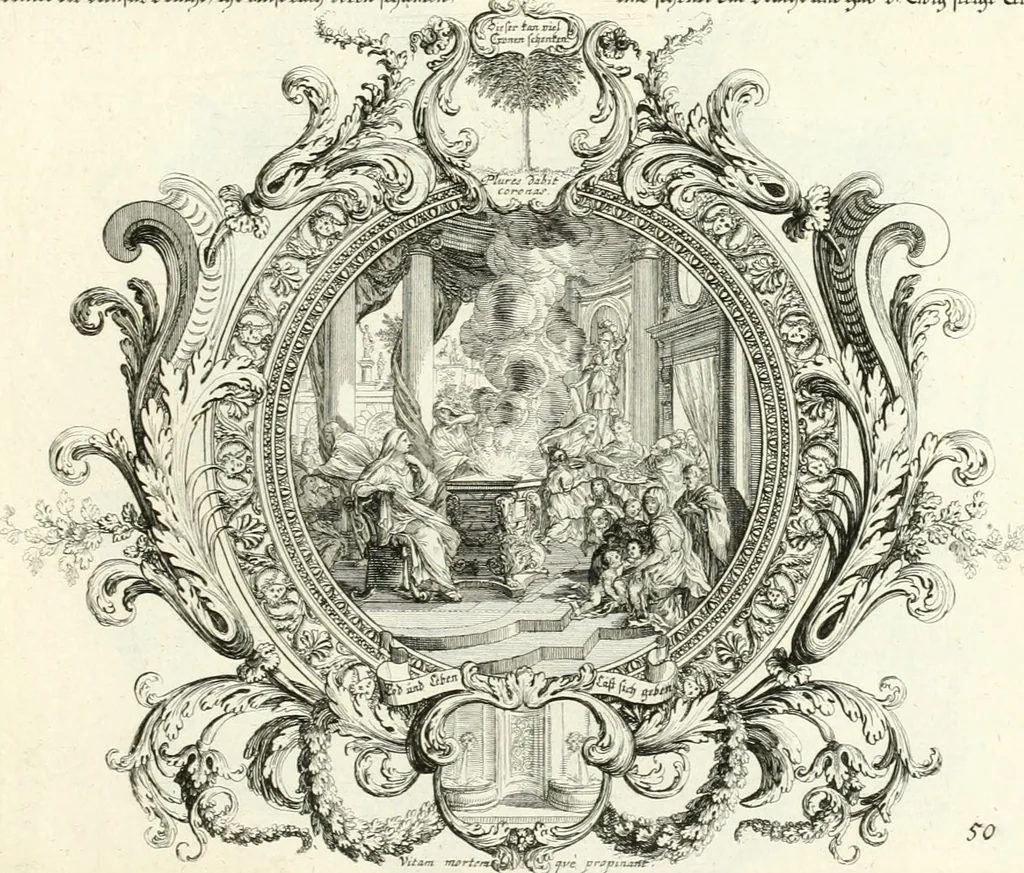 An illustration from Heilige Augen- und Gemüths-Lust : vorstellend, alle sonn- fest- und feyrtägliche nicht nur Evangelien, sondern auch Epistelen und Lectionen, jene historisch : diese auch emblemmatisch, und mit curieusen Einfassungen : in vielen Kupffer-Stücken von frembder und gantz neuer Invention : so wohl zur Kunst-Ubung als Unterhaltung Gottseeliger Betrachtungen, wie auch Vermehrung der Kupffer-Bibelen und Ausszierung aller christlichen Postillen dienlich, 1706, leaf 116