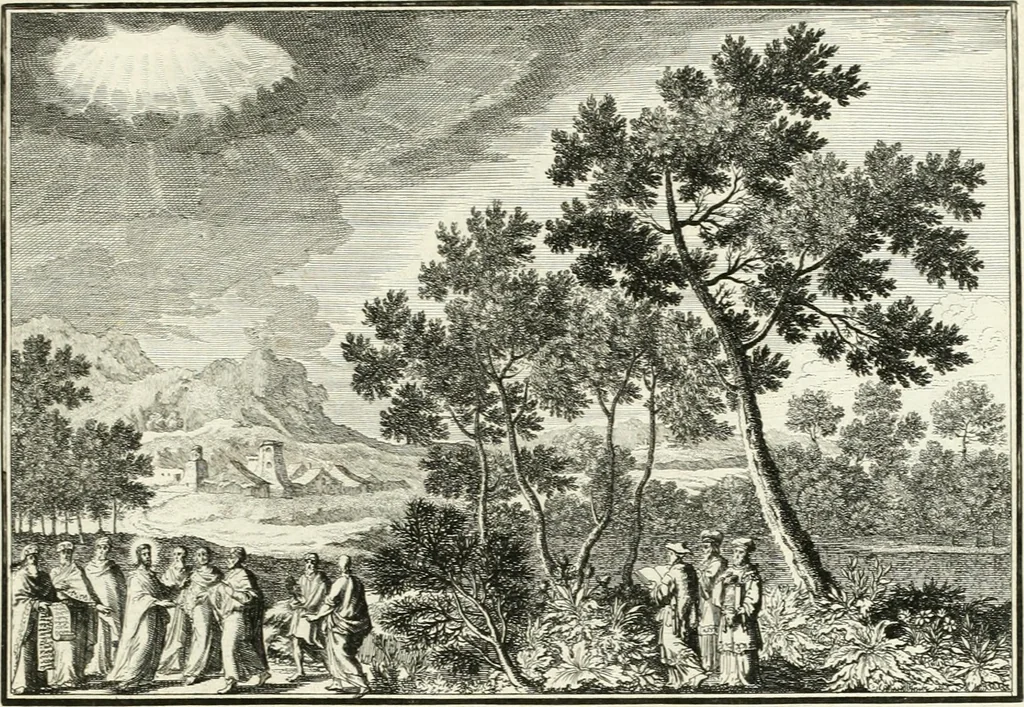 An illustration from Heilige Augen- und Gemüths-Lust : vorstellend, alle sonn- fest- und feyrtägliche nicht nur Evangelien, sondern auch Epistelen und Lectionen, jene historisch : diese auch emblemmatisch, und mit curieusen Einfassungen : in vielen Kupffer-Stücken von frembder und gantz neuer Invention : so wohl zur Kunst-Ubung als Unterhaltung Gottseeliger Betrachtungen, wie auch Vermehrung der Kupffer-Bibelen und Ausszierung aller christlichen Postillen dienlich, 1706, leaf 118