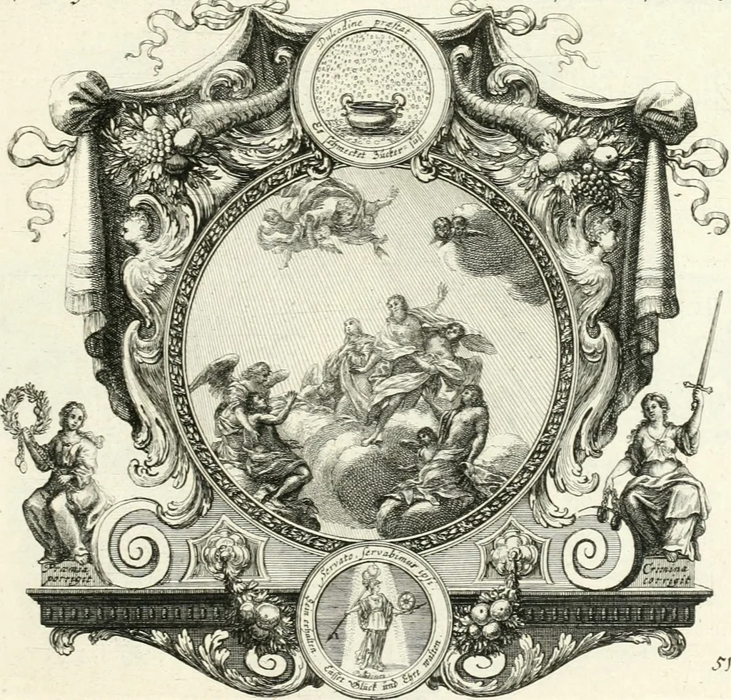 An illustration from Heilige Augen- und Gemüths-Lust : vorstellend, alle sonn- fest- und feyrtägliche nicht nur Evangelien, sondern auch Epistelen und Lectionen, jene historisch : diese auch emblemmatisch, und mit curieusen Einfassungen : in vielen Kupffer-Stücken von frembder und gantz neuer Invention : so wohl zur Kunst-Ubung als Unterhaltung Gottseeliger Betrachtungen, wie auch Vermehrung der Kupffer-Bibelen und Ausszierung aller christlichen Postillen dienlich, 1706, leaf 118