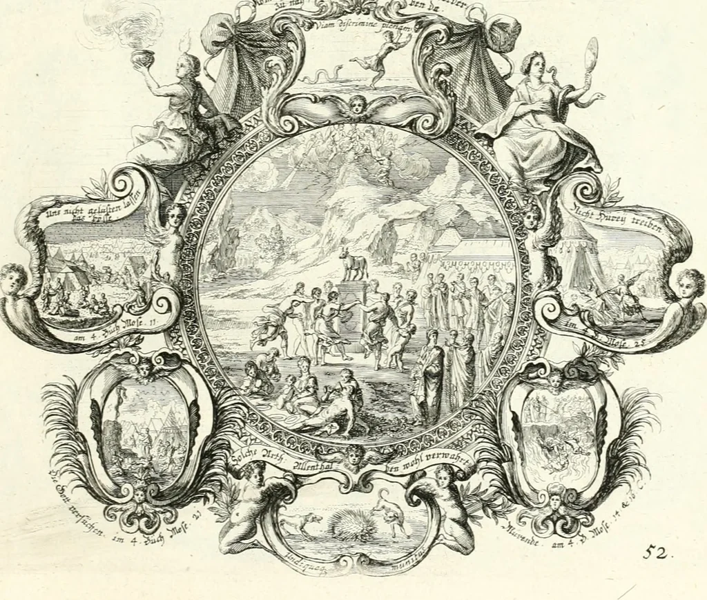 An illustration from Heilige Augen- und Gemüths-Lust : vorstellend, alle sonn- fest- und feyrtägliche nicht nur Evangelien, sondern auch Epistelen und Lectionen, jene historisch : diese auch emblemmatisch, und mit curieusen Einfassungen : in vielen Kupffer-Stücken von frembder und gantz neuer Invention : so wohl zur Kunst-Ubung als Unterhaltung Gottseeliger Betrachtungen, wie auch Vermehrung der Kupffer-Bibelen und Ausszierung aller christlichen Postillen dienlich, 1706, leaf 120