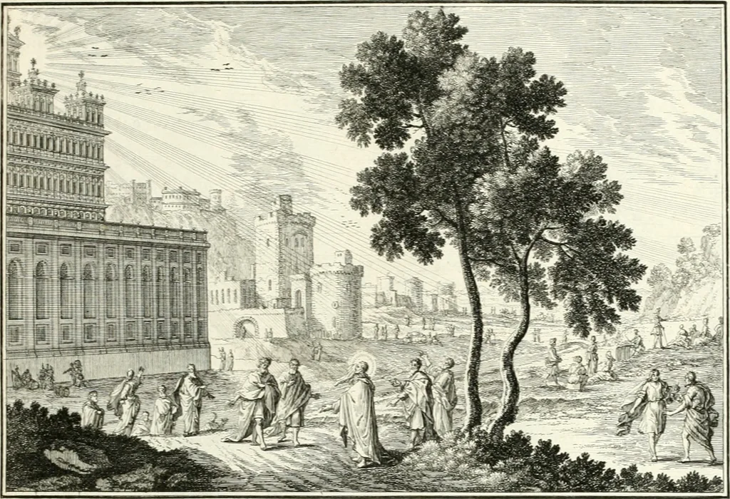 An illustration from Heilige Augen- und Gemüths-Lust : vorstellend, alle sonn- fest- und feyrtägliche nicht nur Evangelien, sondern auch Epistelen und Lectionen, jene historisch : diese auch emblemmatisch, und mit curieusen Einfassungen : in vielen Kupffer-Stücken von frembder und gantz neuer Invention : so wohl zur Kunst-Ubung als Unterhaltung Gottseeliger Betrachtungen, wie auch Vermehrung der Kupffer-Bibelen und Ausszierung aller christlichen Postillen dienlich, 1706, leaf 122