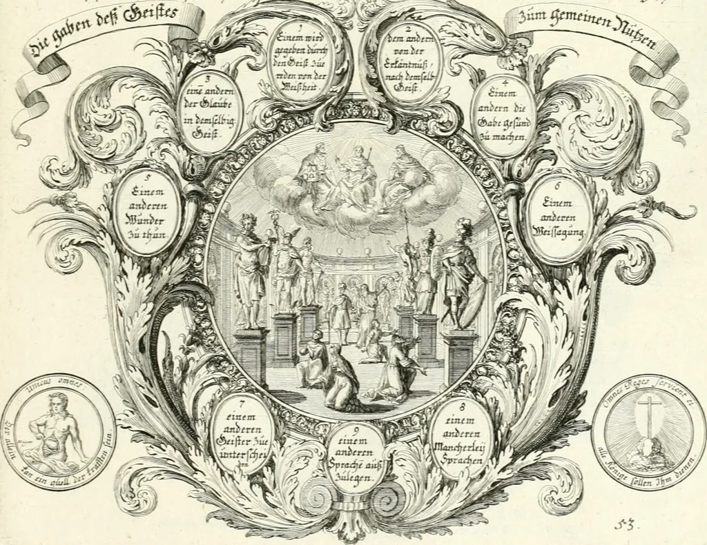 An illustration from Heilige Augen- und Gemüths-Lust : vorstellend, alle sonn- fest- und feyrtägliche nicht nur Evangelien, sondern auch Epistelen und Lectionen, jene historisch : diese auch emblemmatisch, und mit curieusen Einfassungen : in vielen Kupffer-Stücken von frembder und gantz neuer Invention : so wohl zur Kunst-Ubung als Unterhaltung Gottseeliger Betrachtungen, wie auch Vermehrung der Kupffer-Bibelen und Ausszierung aller christlichen Postillen dienlich, 1706, leaf 122
