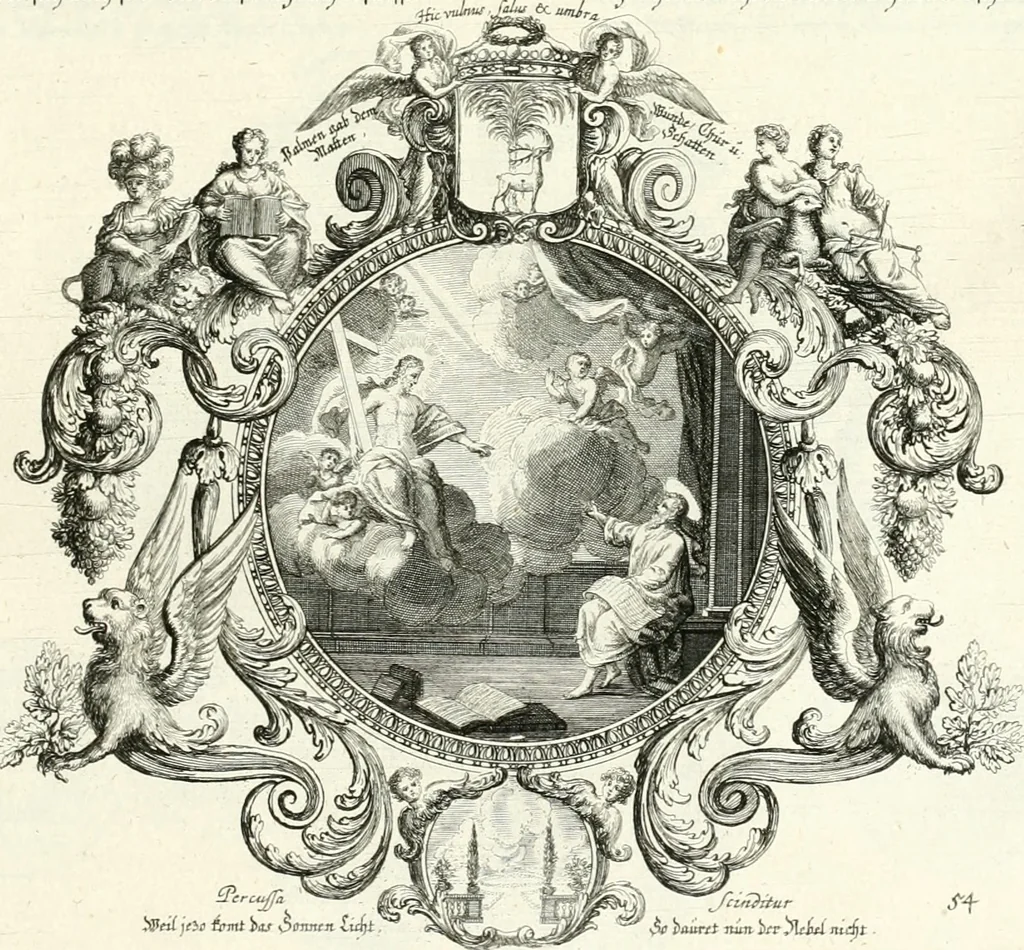 An illustration from Heilige Augen- und Gemüths-Lust : vorstellend, alle sonn- fest- und feyrtägliche nicht nur Evangelien, sondern auch Epistelen und Lectionen, jene historisch : diese auch emblemmatisch, und mit curieusen Einfassungen : in vielen Kupffer-Stücken von frembder und gantz neuer Invention : so wohl zur Kunst-Ubung als Unterhaltung Gottseeliger Betrachtungen, wie auch Vermehrung der Kupffer-Bibelen und Ausszierung aller christlichen Postillen dienlich, 1706, leaf 124
