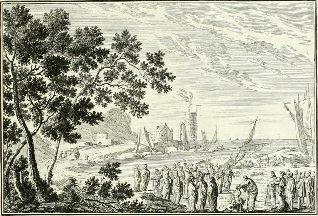 An illustration from Heilige Augen- und Gemüths-Lust : vorstellend, alle sonn- fest- und feyrtägliche nicht nur Evangelien, sondern auch Epistelen und Lectionen, jene historisch : diese auch emblemmatisch, und mit curieusen Einfassungen : in vielen Kupffer-Stücken von frembder und gantz neuer Invention : so wohl zur Kunst-Ubung als Unterhaltung Gottseeliger Betrachtungen, wie auch Vermehrung der Kupffer-Bibelen und Ausszierung aller christlichen Postillen dienlich, 1706, leaf 126
