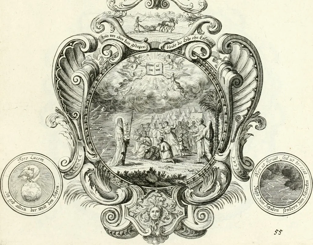 An illustration from Heilige Augen- und Gemüths-Lust : vorstellend, alle sonn- fest- und feyrtägliche nicht nur Evangelien, sondern auch Epistelen und Lectionen, jene historisch : diese auch emblemmatisch, und mit curieusen Einfassungen : in vielen Kupffer-Stücken von frembder und gantz neuer Invention : so wohl zur Kunst-Ubung als Unterhaltung Gottseeliger Betrachtungen, wie auch Vermehrung der Kupffer-Bibelen und Ausszierung aller christlichen Postillen dienlich, 1706, leaf 126