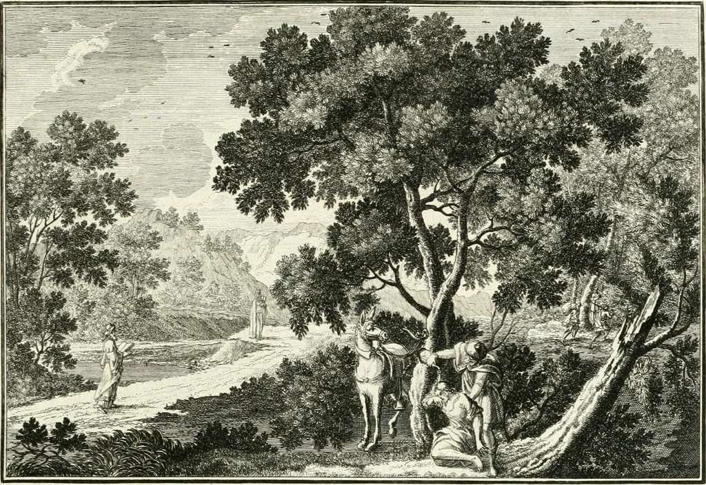 An illustration from Heilige Augen- und Gemüths-Lust : vorstellend, alle sonn- fest- und feyrtägliche nicht nur Evangelien, sondern auch Epistelen und Lectionen, jene historisch : diese auch emblemmatisch, und mit curieusen Einfassungen : in vielen Kupffer-Stücken von frembder und gantz neuer Invention : so wohl zur Kunst-Ubung als Unterhaltung Gottseeliger Betrachtungen, wie auch Vermehrung der Kupffer-Bibelen und Ausszierung aller christlichen Postillen dienlich, 1706, leaf 128