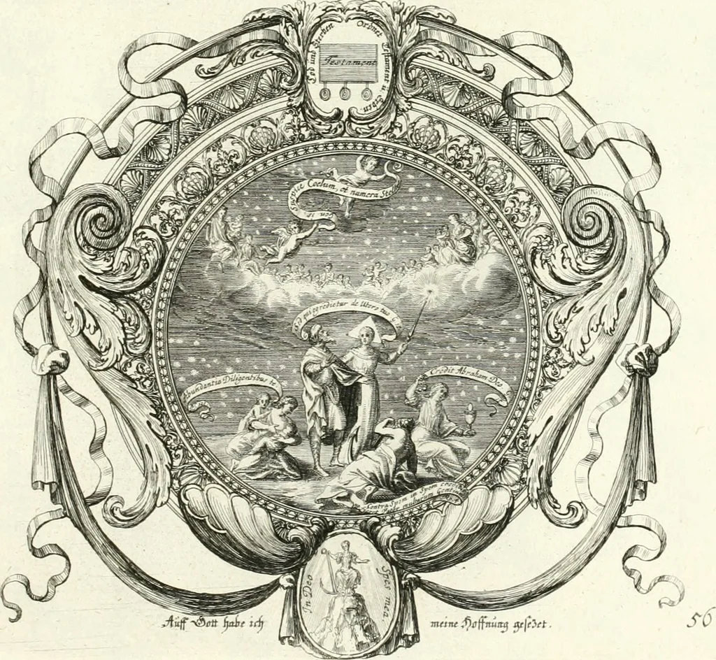 An illustration from Heilige Augen- und Gemüths-Lust : vorstellend, alle sonn- fest- und feyrtägliche nicht nur Evangelien, sondern auch Epistelen und Lectionen, jene historisch : diese auch emblemmatisch, und mit curieusen Einfassungen : in vielen Kupffer-Stücken von frembder und gantz neuer Invention : so wohl zur Kunst-Ubung als Unterhaltung Gottseeliger Betrachtungen, wie auch Vermehrung der Kupffer-Bibelen und Ausszierung aller christlichen Postillen dienlich, 1706, leaf 128