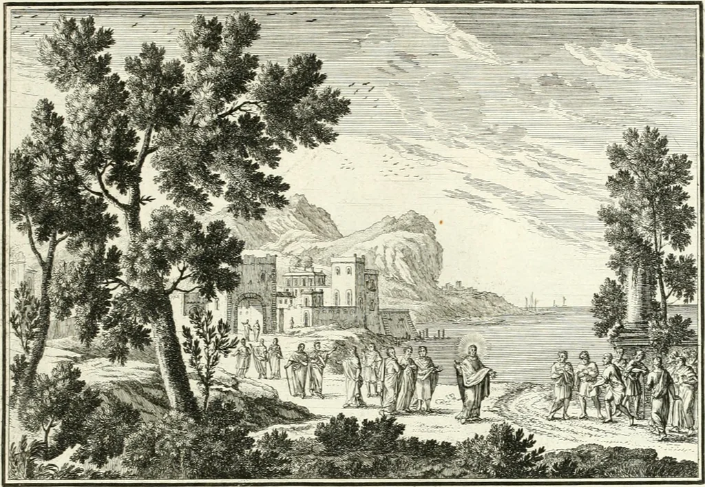 An illustration from Heilige Augen- und Gemüths-Lust : vorstellend, alle sonn- fest- und feyrtägliche nicht nur Evangelien, sondern auch Epistelen und Lectionen, jene historisch : diese auch emblemmatisch, und mit curieusen Einfassungen : in vielen Kupffer-Stücken von frembder und gantz neuer Invention : so wohl zur Kunst-Ubung als Unterhaltung Gottseeliger Betrachtungen, wie auch Vermehrung der Kupffer-Bibelen und Ausszierung aller christlichen Postillen dienlich, 1706, leaf 130