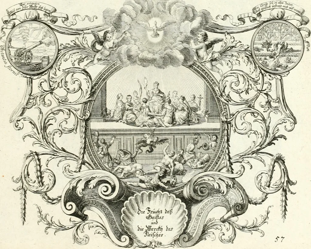 An illustration from Heilige Augen- und Gemüths-Lust : vorstellend, alle sonn- fest- und feyrtägliche nicht nur Evangelien, sondern auch Epistelen und Lectionen, jene historisch : diese auch emblemmatisch, und mit curieusen Einfassungen : in vielen Kupffer-Stücken von frembder und gantz neuer Invention : so wohl zur Kunst-Ubung als Unterhaltung Gottseeliger Betrachtungen, wie auch Vermehrung der Kupffer-Bibelen und Ausszierung aller christlichen Postillen dienlich, 1706, leaf 130