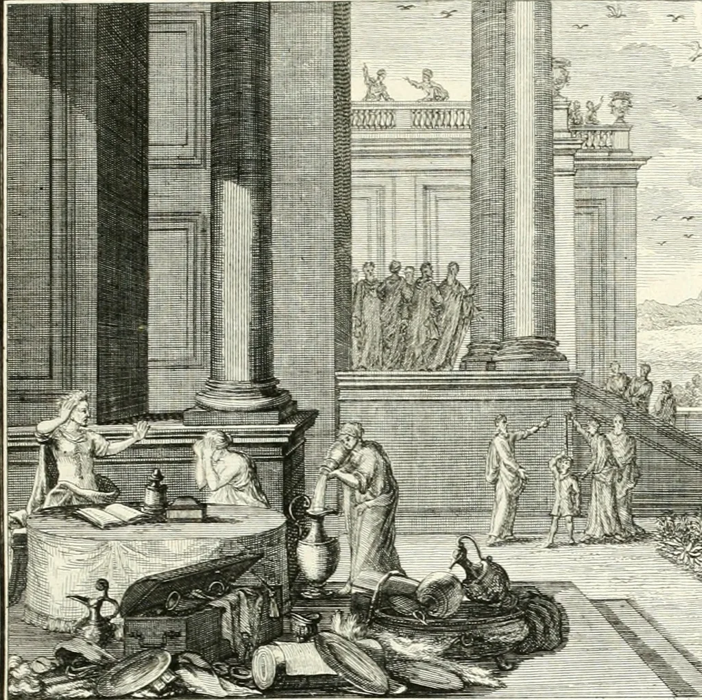 An illustration from Heilige Augen- und Gemüths-Lust : vorstellend, alle sonn- fest- und feyrtägliche nicht nur Evangelien, sondern auch Epistelen und Lectionen, jene historisch : diese auch emblemmatisch, und mit curieusen Einfassungen : in vielen Kupffer-Stücken von frembder und gantz neuer Invention : so wohl zur Kunst-Ubung als Unterhaltung Gottseeliger Betrachtungen, wie auch Vermehrung der Kupffer-Bibelen und Ausszierung aller christlichen Postillen dienlich, 1706, leaf 132