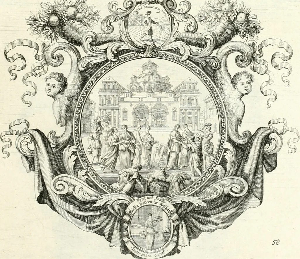 An illustration from Heilige Augen- und Gemüths-Lust : vorstellend, alle sonn- fest- und feyrtägliche nicht nur Evangelien, sondern auch Epistelen und Lectionen, jene historisch : diese auch emblemmatisch, und mit curieusen Einfassungen : in vielen Kupffer-Stücken von frembder und gantz neuer Invention : so wohl zur Kunst-Ubung als Unterhaltung Gottseeliger Betrachtungen, wie auch Vermehrung der Kupffer-Bibelen und Ausszierung aller christlichen Postillen dienlich, 1706, leaf 132