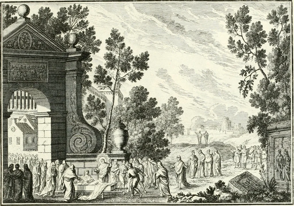 An illustration from Heilige Augen- und Gemüths-Lust : vorstellend, alle sonn- fest- und feyrtägliche nicht nur Evangelien, sondern auch Epistelen und Lectionen, jene historisch : diese auch emblemmatisch, und mit curieusen Einfassungen : in vielen Kupffer-Stücken von frembder und gantz neuer Invention : so wohl zur Kunst-Ubung als Unterhaltung Gottseeliger Betrachtungen, wie auch Vermehrung der Kupffer-Bibelen und Ausszierung aller christlichen Postillen dienlich, 1706, leaf 134