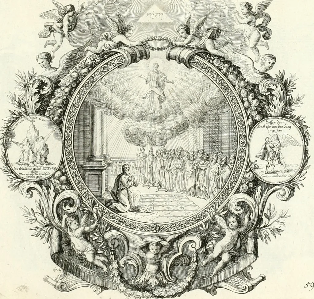 An illustration from Heilige Augen- und Gemüths-Lust : vorstellend, alle sonn- fest- und feyrtägliche nicht nur Evangelien, sondern auch Epistelen und Lectionen, jene historisch : diese auch emblemmatisch, und mit curieusen Einfassungen : in vielen Kupffer-Stücken von frembder und gantz neuer Invention : so wohl zur Kunst-Ubung als Unterhaltung Gottseeliger Betrachtungen, wie auch Vermehrung der Kupffer-Bibelen und Ausszierung aller christlichen Postillen dienlich, 1706, leaf 134