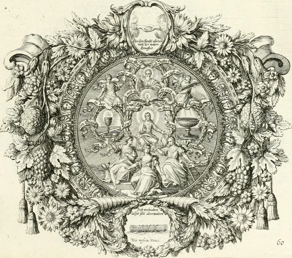 An illustration from Heilige Augen- und Gemüths-Lust : vorstellend, alle sonn- fest- und feyrtägliche nicht nur Evangelien, sondern auch Epistelen und Lectionen, jene historisch : diese auch emblemmatisch, und mit curieusen Einfassungen : in vielen Kupffer-Stücken von frembder und gantz neuer Invention : so wohl zur Kunst-Ubung als Unterhaltung Gottseeliger Betrachtungen, wie auch Vermehrung der Kupffer-Bibelen und Ausszierung aller christlichen Postillen dienlich, 1706, leaf 136