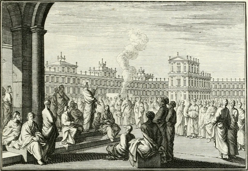 An illustration from Heilige Augen- und Gemüths-Lust : vorstellend, alle sonn- fest- und feyrtägliche nicht nur Evangelien, sondern auch Epistelen und Lectionen, jene historisch : diese auch emblemmatisch, und mit curieusen Einfassungen : in vielen Kupffer-Stücken von frembder und gantz neuer Invention : so wohl zur Kunst-Ubung als Unterhaltung Gottseeliger Betrachtungen, wie auch Vermehrung der Kupffer-Bibelen und Ausszierung aller christlichen Postillen dienlich, 1706, leaf 138