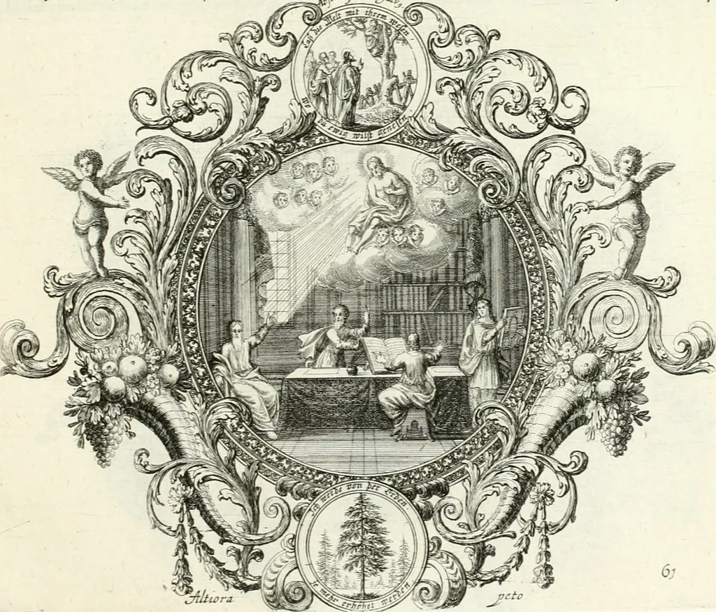 An illustration from Heilige Augen- und Gemüths-Lust : vorstellend, alle sonn- fest- und feyrtägliche nicht nur Evangelien, sondern auch Epistelen und Lectionen, jene historisch : diese auch emblemmatisch, und mit curieusen Einfassungen : in vielen Kupffer-Stücken von frembder und gantz neuer Invention : so wohl zur Kunst-Ubung als Unterhaltung Gottseeliger Betrachtungen, wie auch Vermehrung der Kupffer-Bibelen und Ausszierung aller christlichen Postillen dienlich, 1706, leaf 138