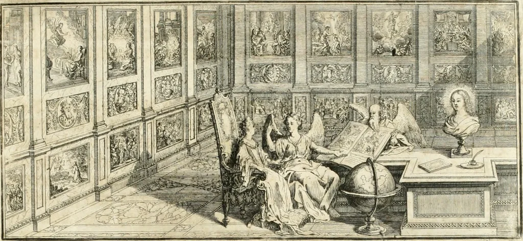 An illustration from Heilige Augen- und Gemüths-Lust : vorstellend, alle sonn- fest- und feyrtägliche nicht nur Evangelien, sondern auch Epistelen und Lectionen, jene historisch : diese auch emblemmatisch, und mit curieusen Einfassungen : in vielen Kupffer-Stücken von frembder und gantz neuer Invention : so wohl zur Kunst-Ubung als Unterhaltung Gottseeliger Betrachtungen, wie auch Vermehrung der Kupffer-Bibelen und Ausszierung aller christlichen Postillen dienlich, 1706, leaf 14