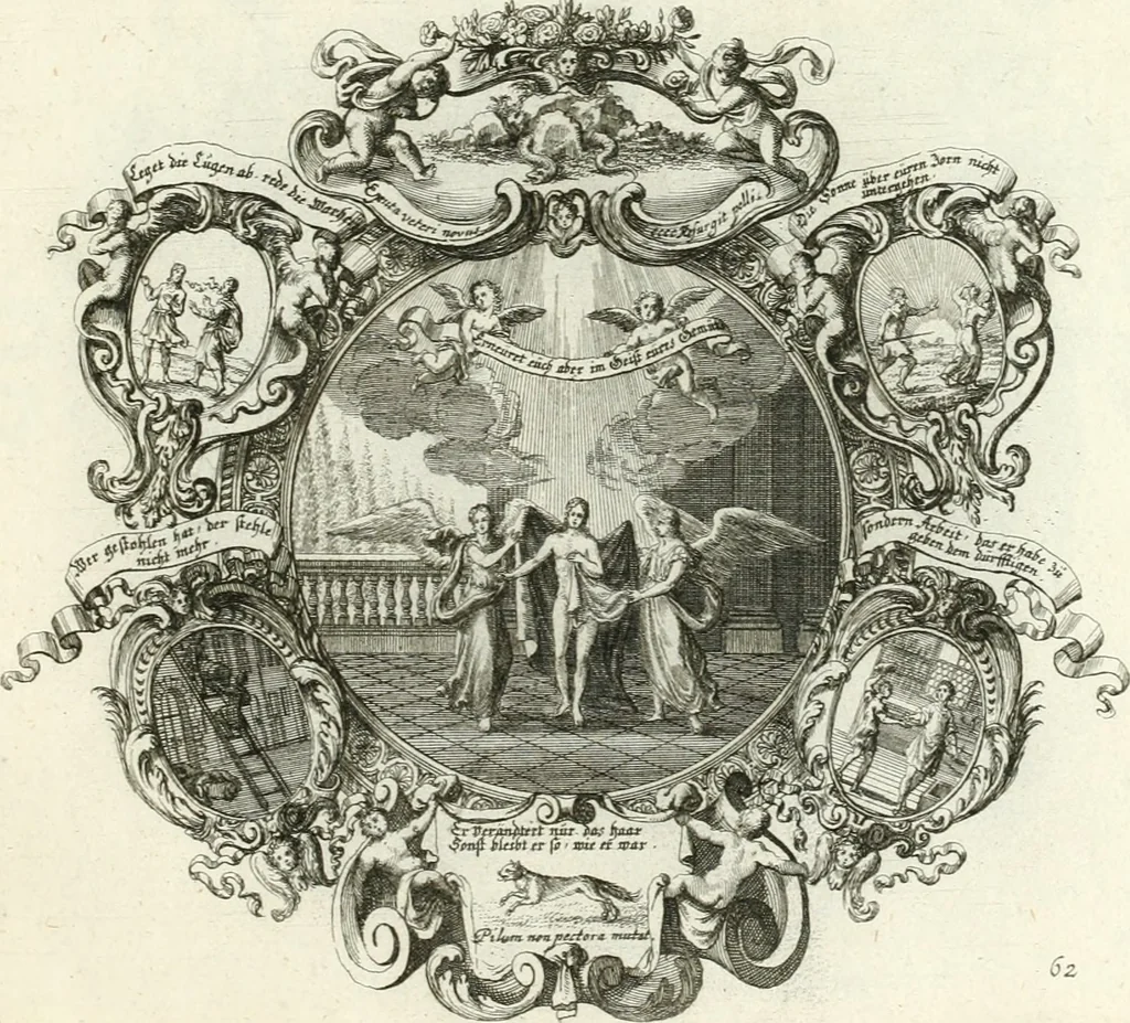 An illustration from Heilige Augen- und Gemüths-Lust : vorstellend, alle sonn- fest- und feyrtägliche nicht nur Evangelien, sondern auch Epistelen und Lectionen, jene historisch : diese auch emblemmatisch, und mit curieusen Einfassungen : in vielen Kupffer-Stücken von frembder und gantz neuer Invention : so wohl zur Kunst-Ubung als Unterhaltung Gottseeliger Betrachtungen, wie auch Vermehrung der Kupffer-Bibelen und Ausszierung aller christlichen Postillen dienlich, 1706, leaf 140