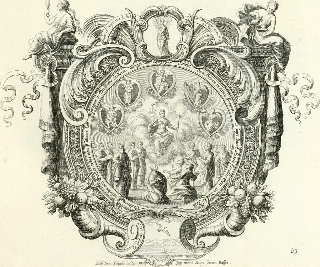 An illustration from Heilige Augen- und Gemüths-Lust : vorstellend, alle sonn- fest- und feyrtägliche nicht nur Evangelien, sondern auch Epistelen und Lectionen, jene historisch : diese auch emblemmatisch, und mit curieusen Einfassungen : in vielen Kupffer-Stücken von frembder und gantz neuer Invention : so wohl zur Kunst-Ubung als Unterhaltung Gottseeliger Betrachtungen, wie auch Vermehrung der Kupffer-Bibelen und Ausszierung aller christlichen Postillen dienlich, 1706, leaf 142