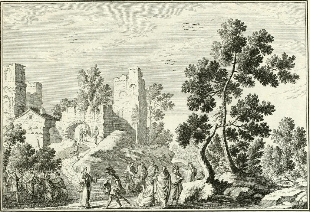 An illustration from Heilige Augen- und Gemüths-Lust : vorstellend, alle sonn- fest- und feyrtägliche nicht nur Evangelien, sondern auch Epistelen und Lectionen, jene historisch : diese auch emblemmatisch, und mit curieusen Einfassungen : in vielen Kupffer-Stücken von frembder und gantz neuer Invention : so wohl zur Kunst-Ubung als Unterhaltung Gottseeliger Betrachtungen, wie auch Vermehrung der Kupffer-Bibelen und Ausszierung aller christlichen Postillen dienlich, 1706, leaf 144