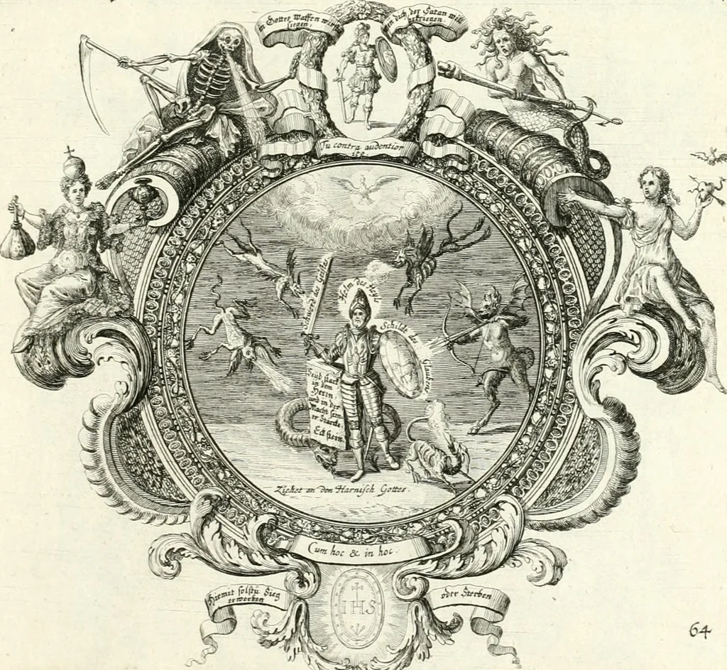 An illustration from Heilige Augen- und Gemüths-Lust : vorstellend, alle sonn- fest- und feyrtägliche nicht nur Evangelien, sondern auch Epistelen und Lectionen, jene historisch : diese auch emblemmatisch, und mit curieusen Einfassungen : in vielen Kupffer-Stücken von frembder und gantz neuer Invention : so wohl zur Kunst-Ubung als Unterhaltung Gottseeliger Betrachtungen, wie auch Vermehrung der Kupffer-Bibelen und Ausszierung aller christlichen Postillen dienlich, 1706, leaf 144