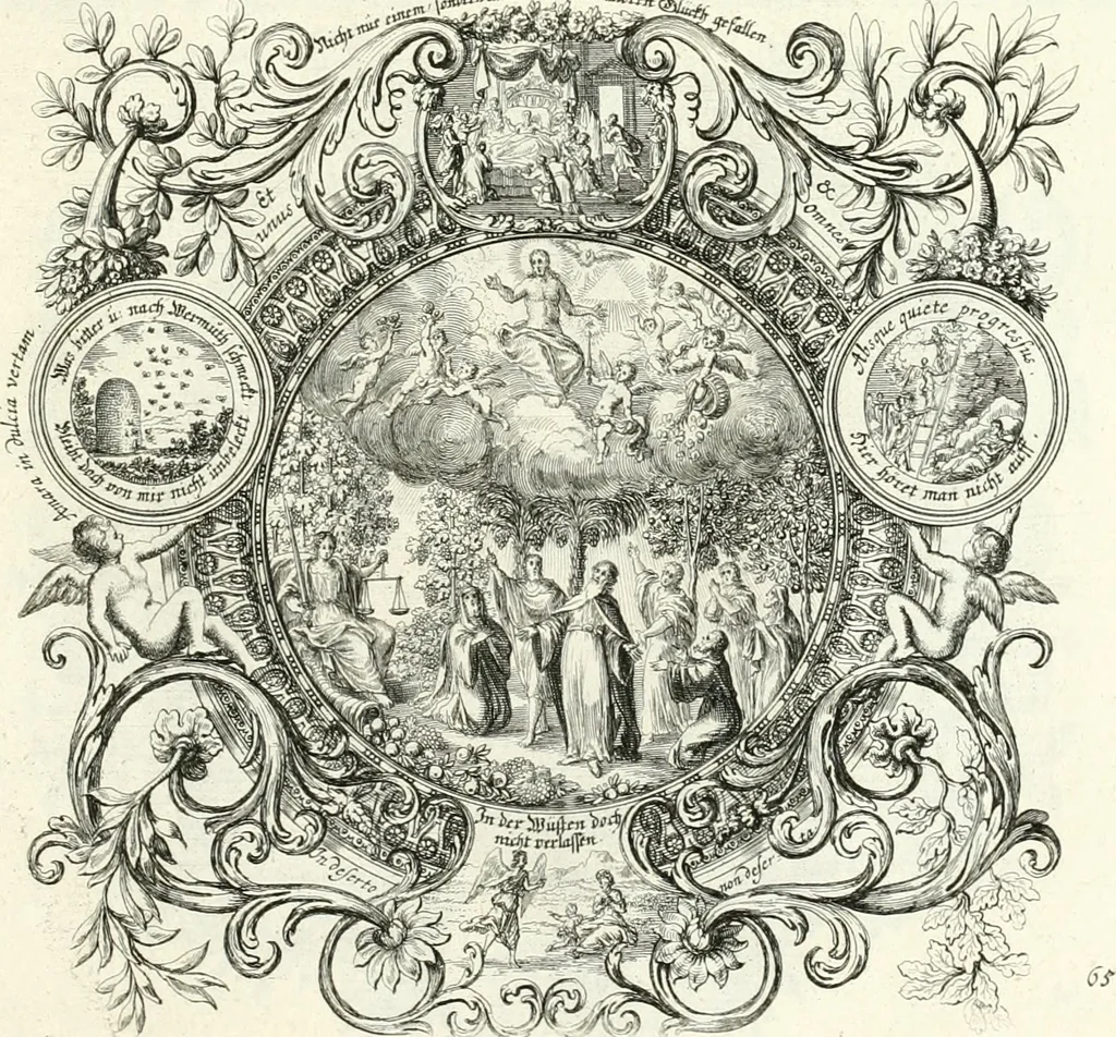An illustration from Heilige Augen- und Gemüths-Lust : vorstellend, alle sonn- fest- und feyrtägliche nicht nur Evangelien, sondern auch Epistelen und Lectionen, jene historisch : diese auch emblemmatisch, und mit curieusen Einfassungen : in vielen Kupffer-Stücken von frembder und gantz neuer Invention : so wohl zur Kunst-Ubung als Unterhaltung Gottseeliger Betrachtungen, wie auch Vermehrung der Kupffer-Bibelen und Ausszierung aller christlichen Postillen dienlich, 1706, leaf 146