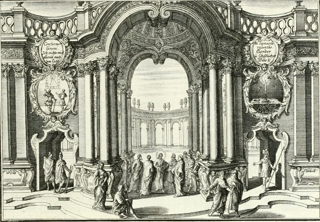 An illustration from Heilige Augen- und Gemüths-Lust : vorstellend, alle sonn- fest- und feyrtägliche nicht nur Evangelien, sondern auch Epistelen und Lectionen, jene historisch : diese auch emblemmatisch, und mit curieusen Einfassungen : in vielen Kupffer-Stücken von frembder und gantz neuer Invention : so wohl zur Kunst-Ubung als Unterhaltung Gottseeliger Betrachtungen, wie auch Vermehrung der Kupffer-Bibelen und Ausszierung aller christlichen Postillen dienlich, 1706, leaf 148