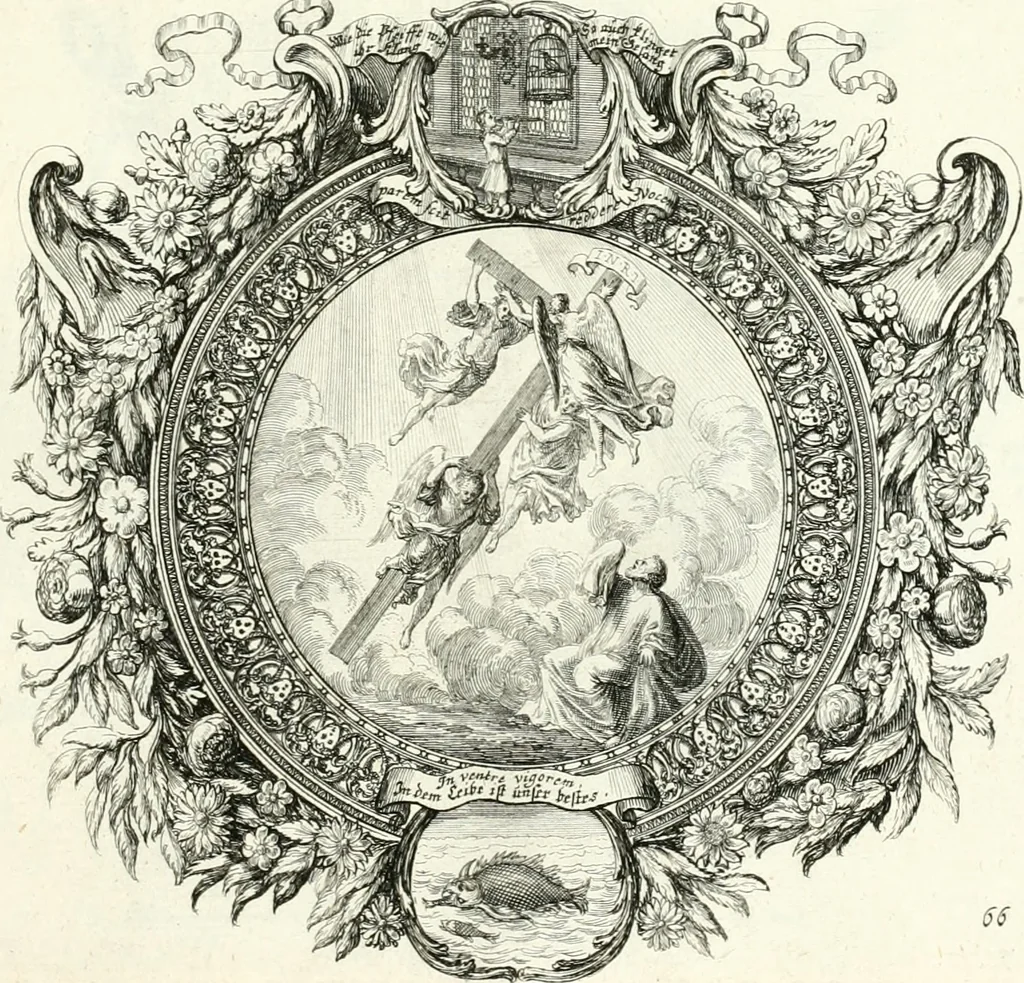 An illustration from Heilige Augen- und Gemüths-Lust : vorstellend, alle sonn- fest- und feyrtägliche nicht nur Evangelien, sondern auch Epistelen und Lectionen, jene historisch : diese auch emblemmatisch, und mit curieusen Einfassungen : in vielen Kupffer-Stücken von frembder und gantz neuer Invention : so wohl zur Kunst-Ubung als Unterhaltung Gottseeliger Betrachtungen, wie auch Vermehrung der Kupffer-Bibelen und Ausszierung aller christlichen Postillen dienlich, 1706, leaf 148