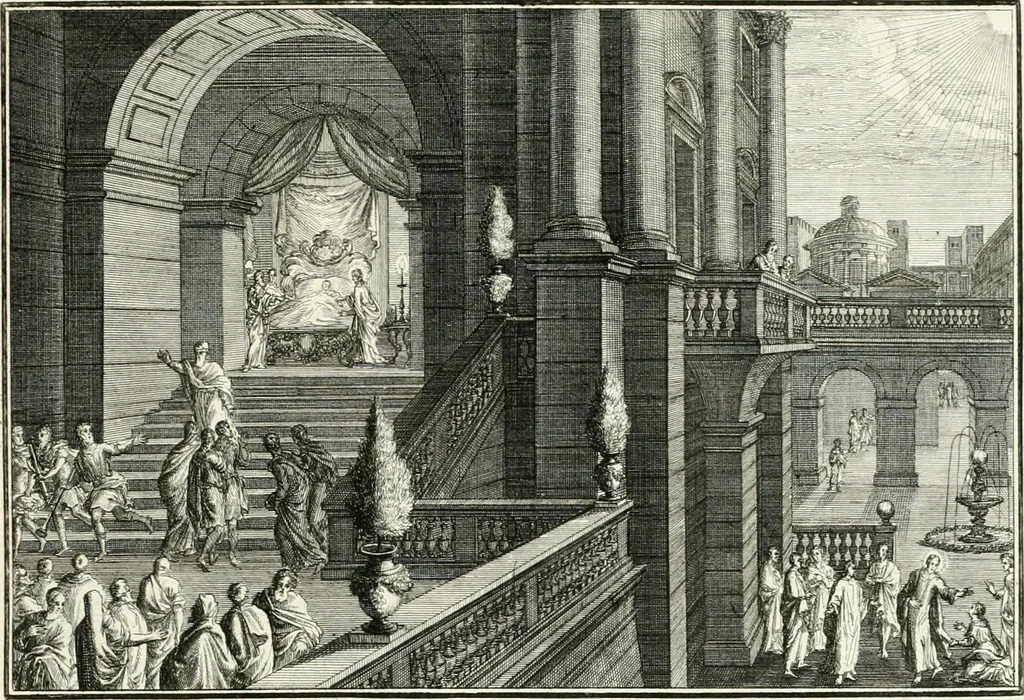An illustration from Heilige Augen- und Gemüths-Lust : vorstellend, alle sonn- fest- und feyrtägliche nicht nur Evangelien, sondern auch Epistelen und Lectionen, jene historisch : diese auch emblemmatisch, und mit curieusen Einfassungen : in vielen Kupffer-Stücken von frembder und gantz neuer Invention : so wohl zur Kunst-Ubung als Unterhaltung Gottseeliger Betrachtungen, wie auch Vermehrung der Kupffer-Bibelen und Ausszierung aller christlichen Postillen dienlich, 1706, leaf 150