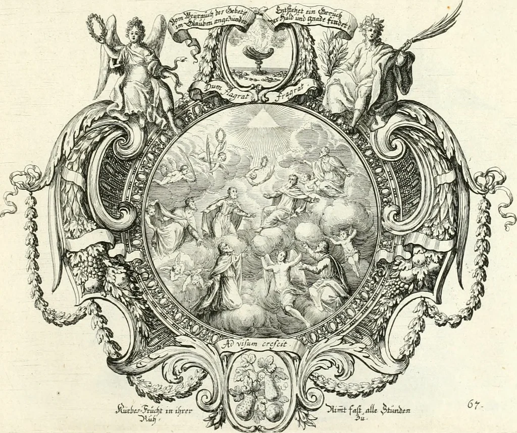 An illustration from Heilige Augen- und Gemüths-Lust : vorstellend, alle sonn- fest- und feyrtägliche nicht nur Evangelien, sondern auch Epistelen und Lectionen, jene historisch : diese auch emblemmatisch, und mit curieusen Einfassungen : in vielen Kupffer-Stücken von frembder und gantz neuer Invention : so wohl zur Kunst-Ubung als Unterhaltung Gottseeliger Betrachtungen, wie auch Vermehrung der Kupffer-Bibelen und Ausszierung aller christlichen Postillen dienlich, 1706, leaf 150