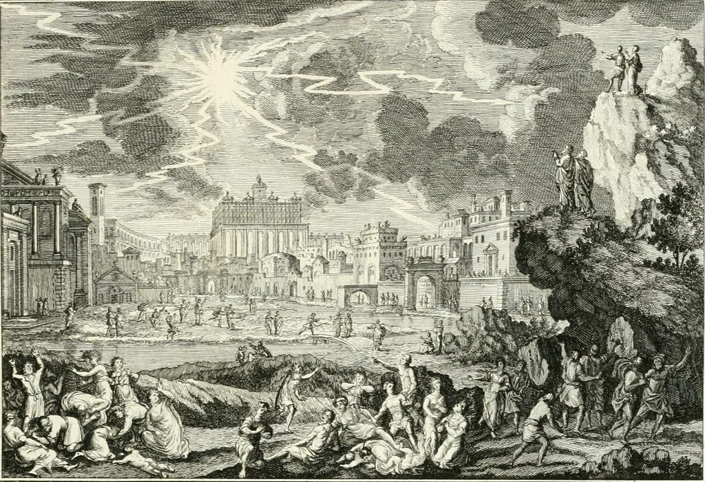 An illustration from Heilige Augen- und Gemüths-Lust : vorstellend, alle sonn- fest- und feyrtägliche nicht nur Evangelien, sondern auch Epistelen und Lectionen, jene historisch : diese auch emblemmatisch, und mit curieusen Einfassungen : in vielen Kupffer-Stücken von frembder und gantz neuer Invention : so wohl zur Kunst-Ubung als Unterhaltung Gottseeliger Betrachtungen, wie auch Vermehrung der Kupffer-Bibelen und Ausszierung aller christlichen Postillen dienlich, 1706, leaf 152