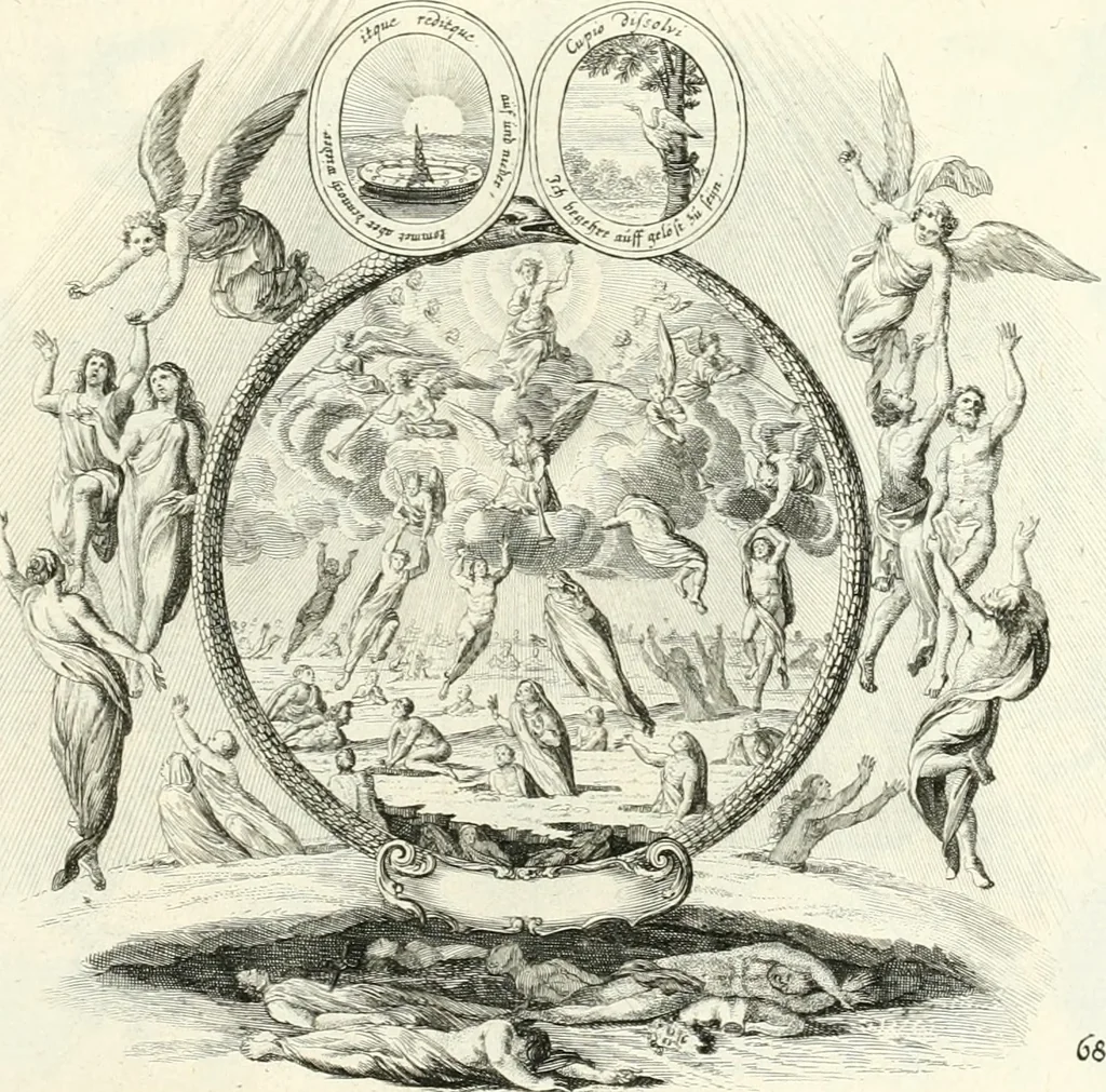 An illustration from Heilige Augen- und Gemüths-Lust : vorstellend, alle sonn- fest- und feyrtägliche nicht nur Evangelien, sondern auch Epistelen und Lectionen, jene historisch : diese auch emblemmatisch, und mit curieusen Einfassungen : in vielen Kupffer-Stücken von frembder und gantz neuer Invention : so wohl zur Kunst-Ubung als Unterhaltung Gottseeliger Betrachtungen, wie auch Vermehrung der Kupffer-Bibelen und Ausszierung aller christlichen Postillen dienlich, 1706, leaf 152