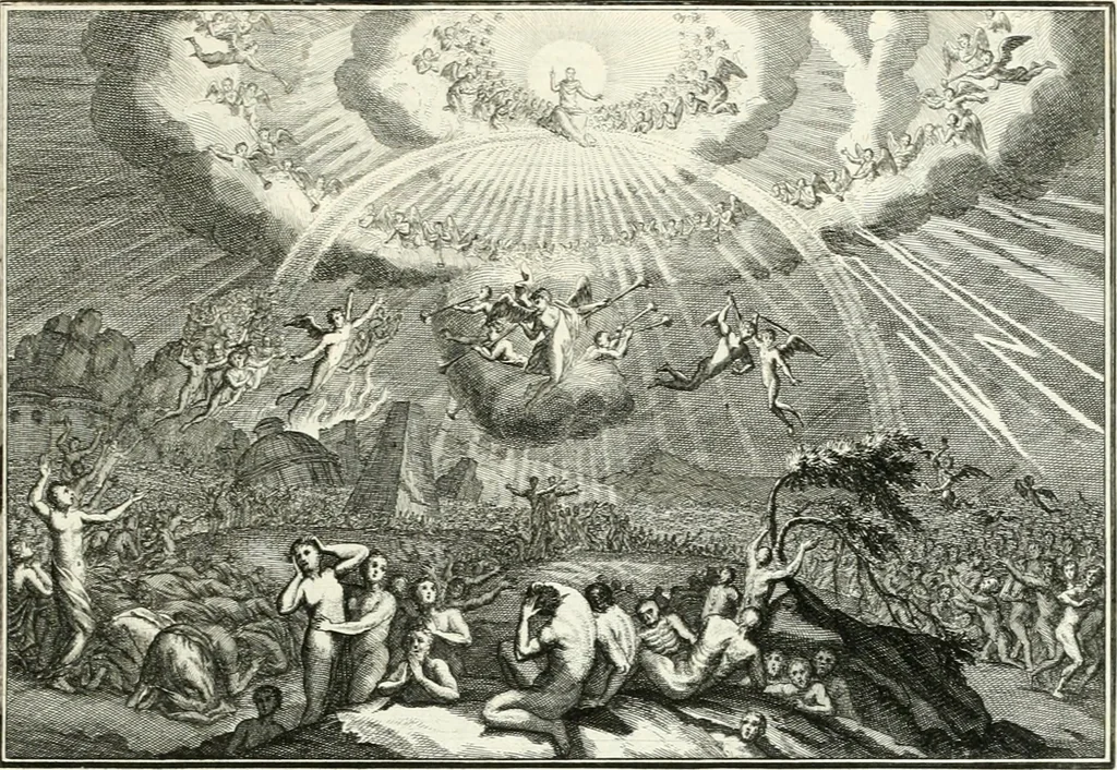 An illustration from Heilige Augen- und Gemüths-Lust : vorstellend, alle sonn- fest- und feyrtägliche nicht nur Evangelien, sondern auch Epistelen und Lectionen, jene historisch : diese auch emblemmatisch, und mit curieusen Einfassungen : in vielen Kupffer-Stücken von frembder und gantz neuer Invention : so wohl zur Kunst-Ubung als Unterhaltung Gottseeliger Betrachtungen, wie auch Vermehrung der Kupffer-Bibelen und Ausszierung aller christlichen Postillen dienlich, 1706, leaf 154