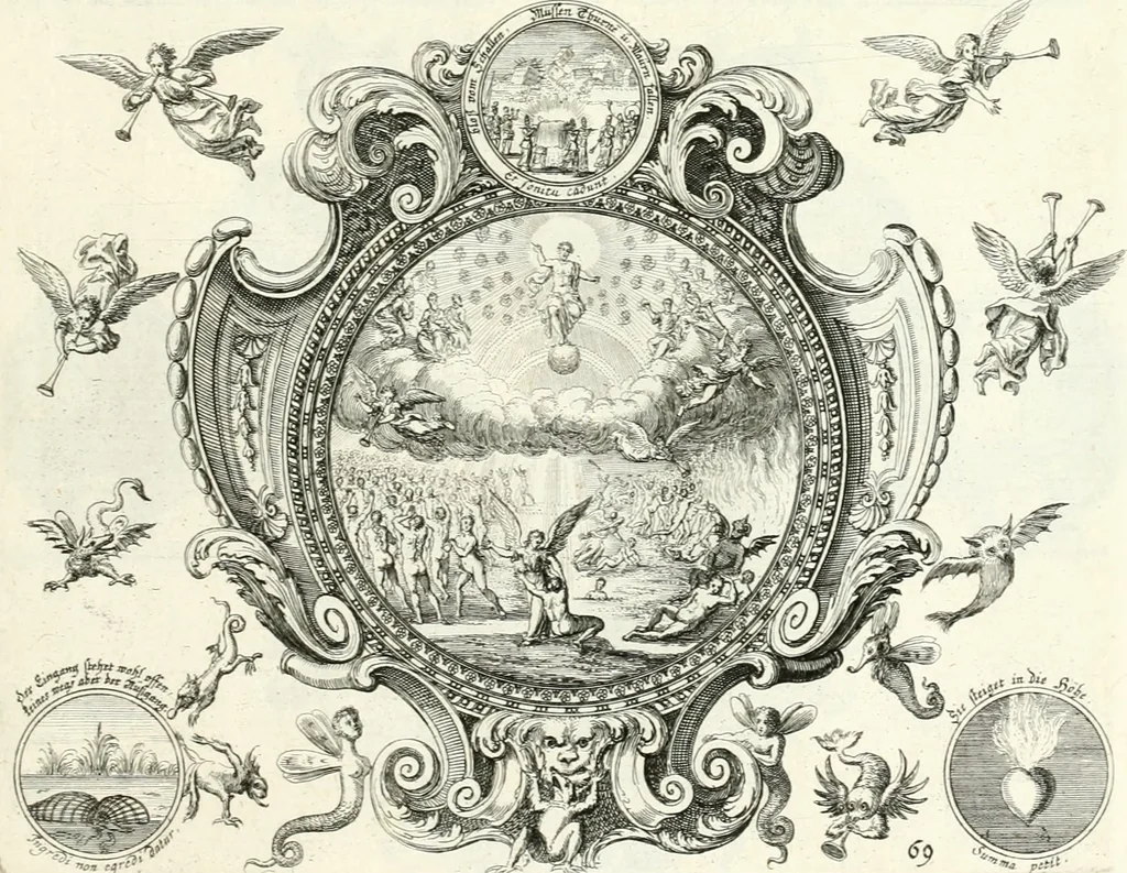 An illustration from Heilige Augen- und Gemüths-Lust : vorstellend, alle sonn- fest- und feyrtägliche nicht nur Evangelien, sondern auch Epistelen und Lectionen, jene historisch : diese auch emblemmatisch, und mit curieusen Einfassungen : in vielen Kupffer-Stücken von frembder und gantz neuer Invention : so wohl zur Kunst-Ubung als Unterhaltung Gottseeliger Betrachtungen, wie auch Vermehrung der Kupffer-Bibelen und Ausszierung aller christlichen Postillen dienlich, 1706, leaf 154