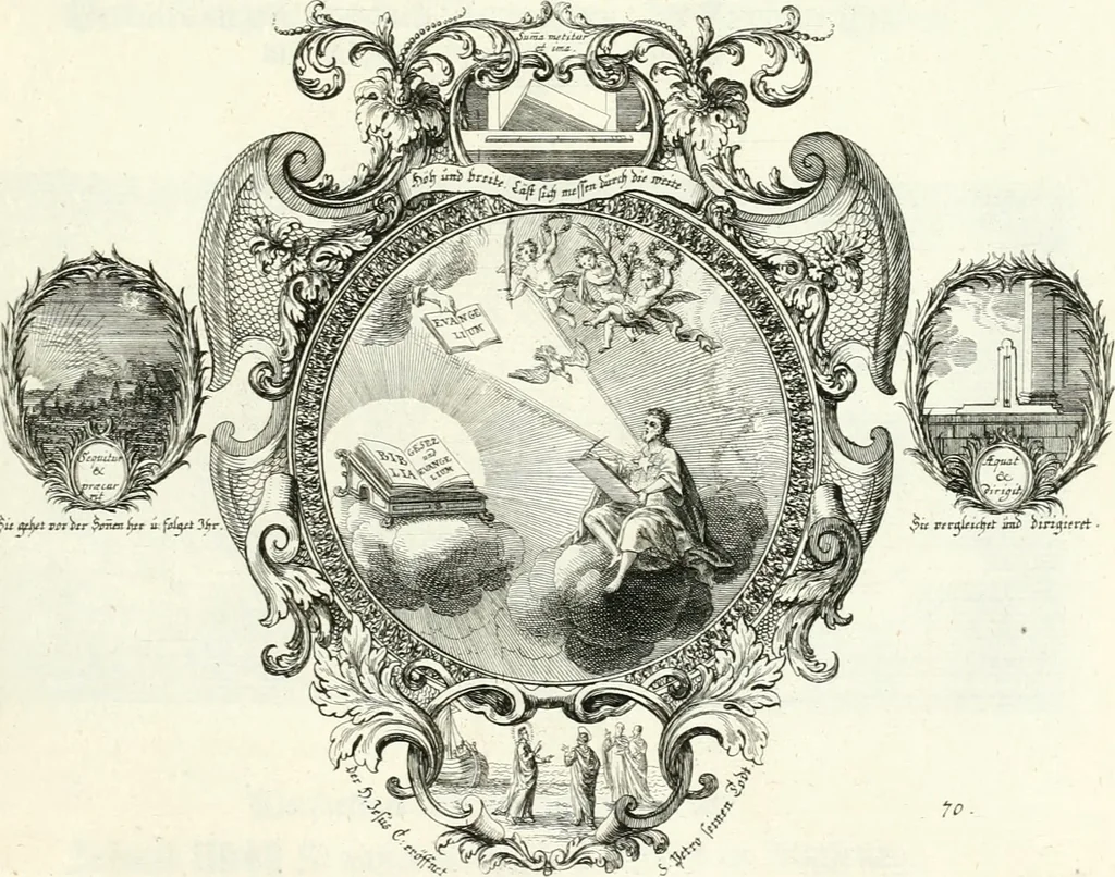 An illustration from Heilige Augen- und Gemüths-Lust : vorstellend, alle sonn- fest- und feyrtägliche nicht nur Evangelien, sondern auch Epistelen und Lectionen, jene historisch : diese auch emblemmatisch, und mit curieusen Einfassungen : in vielen Kupffer-Stücken von frembder und gantz neuer Invention : so wohl zur Kunst-Ubung als Unterhaltung Gottseeliger Betrachtungen, wie auch Vermehrung der Kupffer-Bibelen und Ausszierung aller christlichen Postillen dienlich, 1706, leaf 156