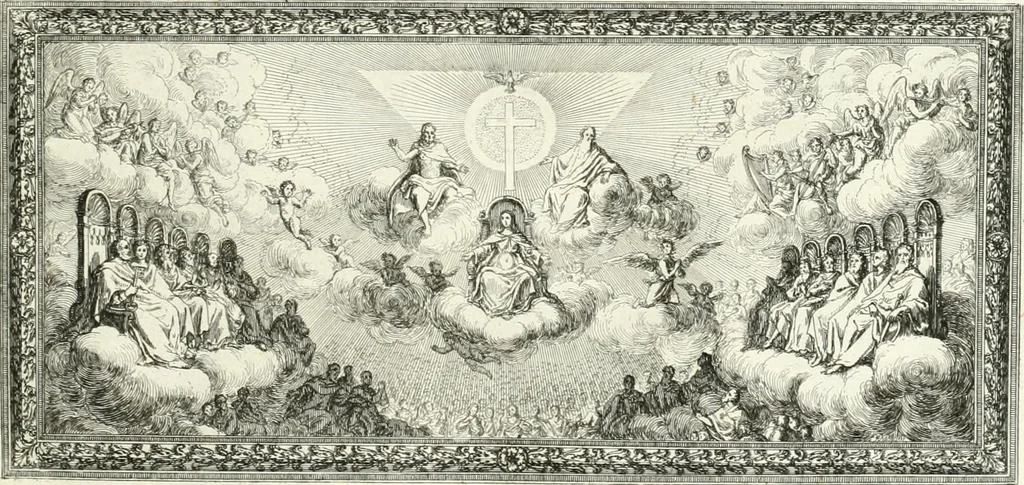 An illustration from Heilige Augen- und Gemüths-Lust : vorstellend, alle sonn- fest- und feyrtägliche nicht nur Evangelien, sondern auch Epistelen und Lectionen, jene historisch : diese auch emblemmatisch, und mit curieusen Einfassungen : in vielen Kupffer-Stücken von frembder und gantz neuer Invention : so wohl zur Kunst-Ubung als Unterhaltung Gottseeliger Betrachtungen, wie auch Vermehrung der Kupffer-Bibelen und Ausszierung aller christlichen Postillen dienlich, 1706, leaf 158